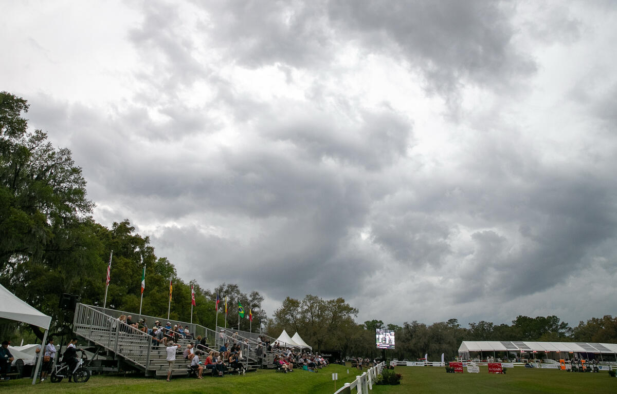 Photo of storm clouds, thick over Live Oak horse farm in Ocala.