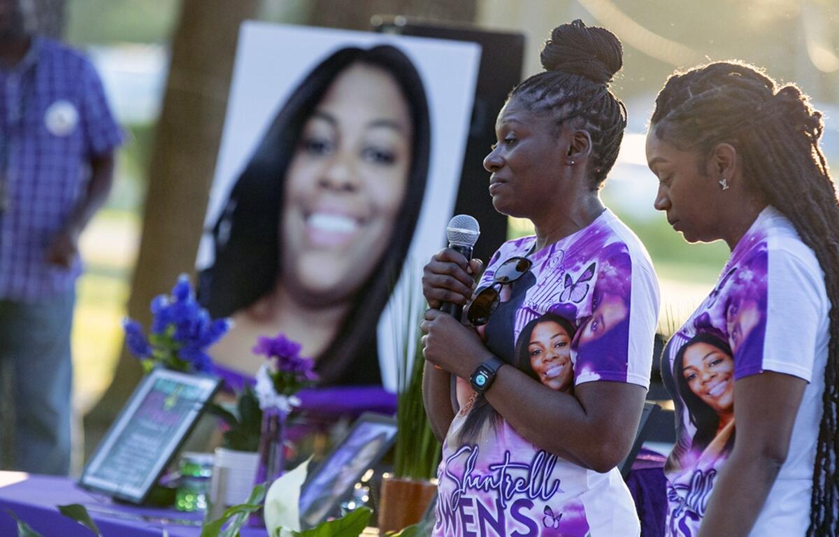 Pamela Dias, second from right, remembers her daughter, Ajike Owens, as mourners gather for a remembrance service at Immerse Church of Ocala for Owens, June 8, 2023, in Ocala.