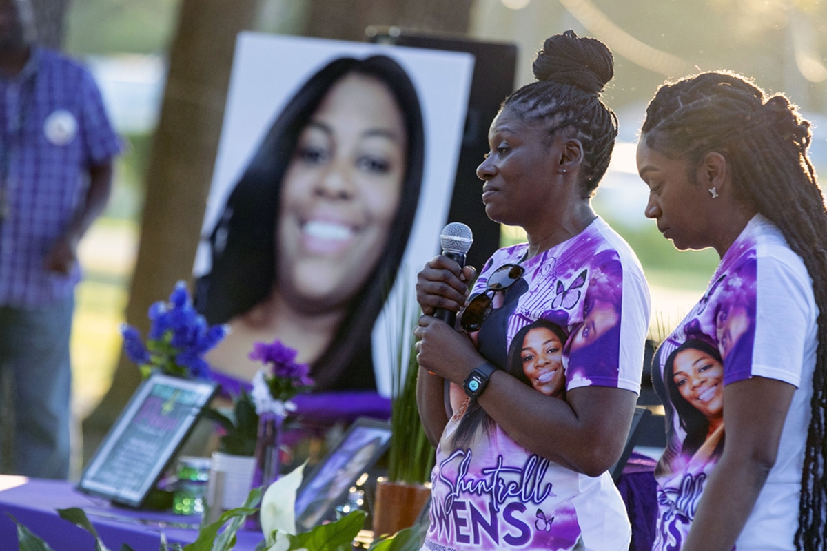 Pamela Dias, second from right, remembers her daughter, Ajike Owens, as mourners gather for a remembrance service at Immerse Church of Ocala for Owens, June 8, 2023, in Ocala.