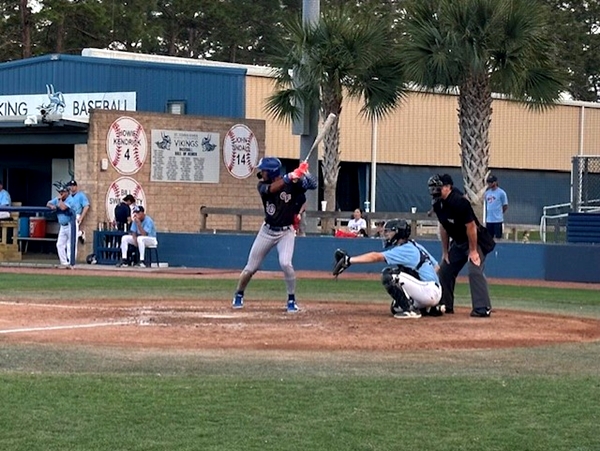 College of Central Florida's Anthony Diaz prepares to swing during Tuesday's game against St. John’s River State College in Palatka, Fla. Diaz had an RBI single in the Patriots’ 6-5 comeback win.