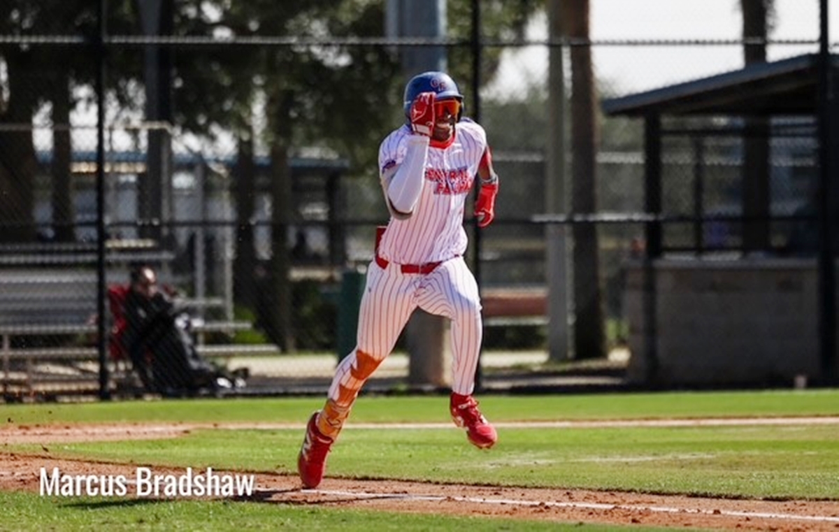 Marcus Bradshaw of the College of Central Florida sprints toward first base during a game against Seminole State at Goodlett Field on Thursday. The Patriots fell in a high-scoring battle, 16-15.