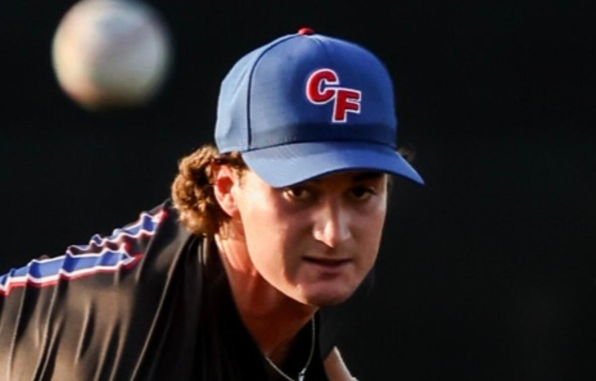 College of Central Florida pitcher Brayden Toro delivers a pitch during a dominant performance against Santa Fe College on Thursday at Goodlett Field in Ocala, Fla. Toro allowed just one hit over five innings in the Patriots' 11-1 victory.