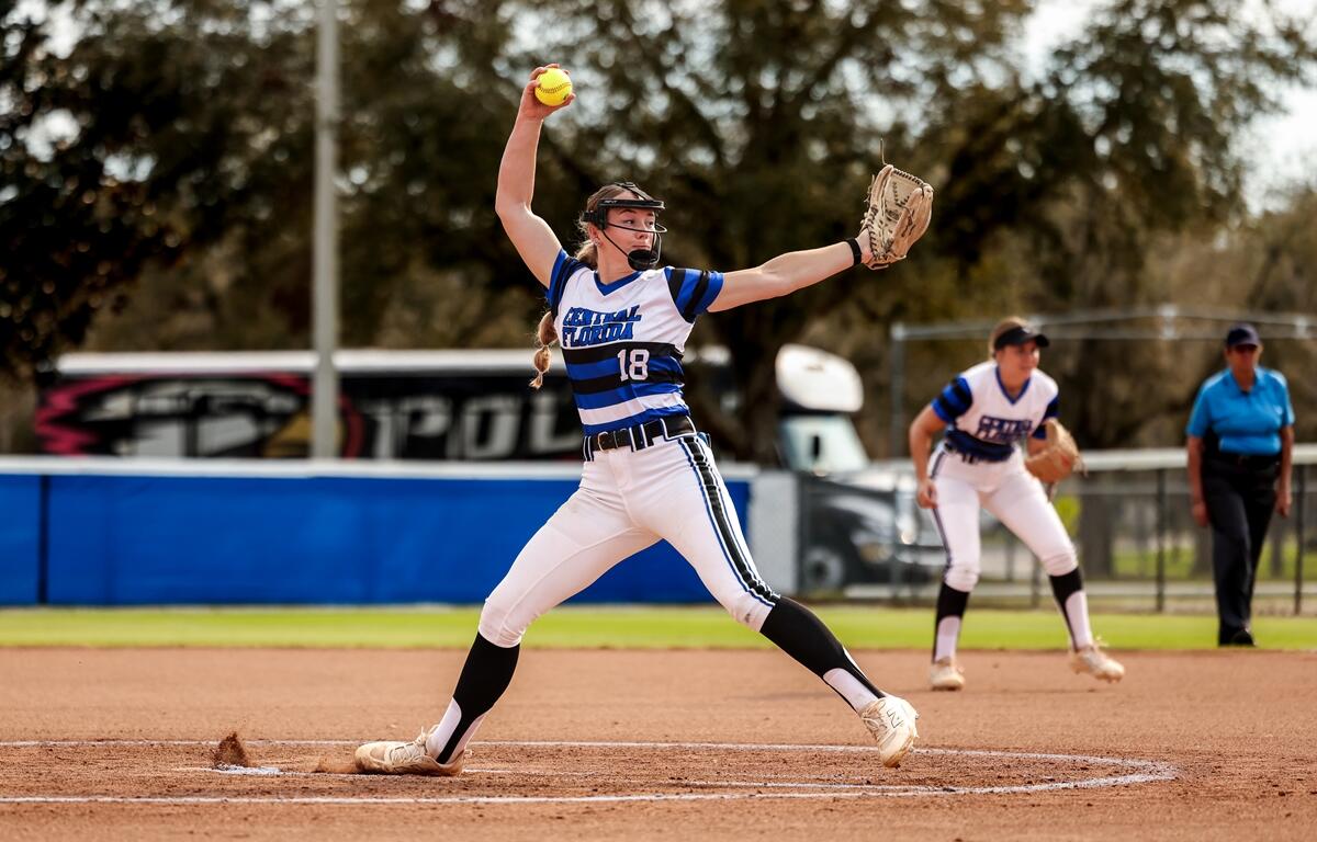 Morgyn Stevens delivers a pitch during game two of the CF Patriots’ doubleheader against Seminole State on Wednesday, March 27, 2024, in Sanford, FL.
