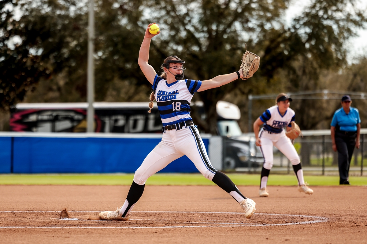 Morgyn Stevens delivers a pitch during game two of the CF Patriots’ doubleheader against Seminole State on Wednesday, March 27, 2024, in Sanford, FL.