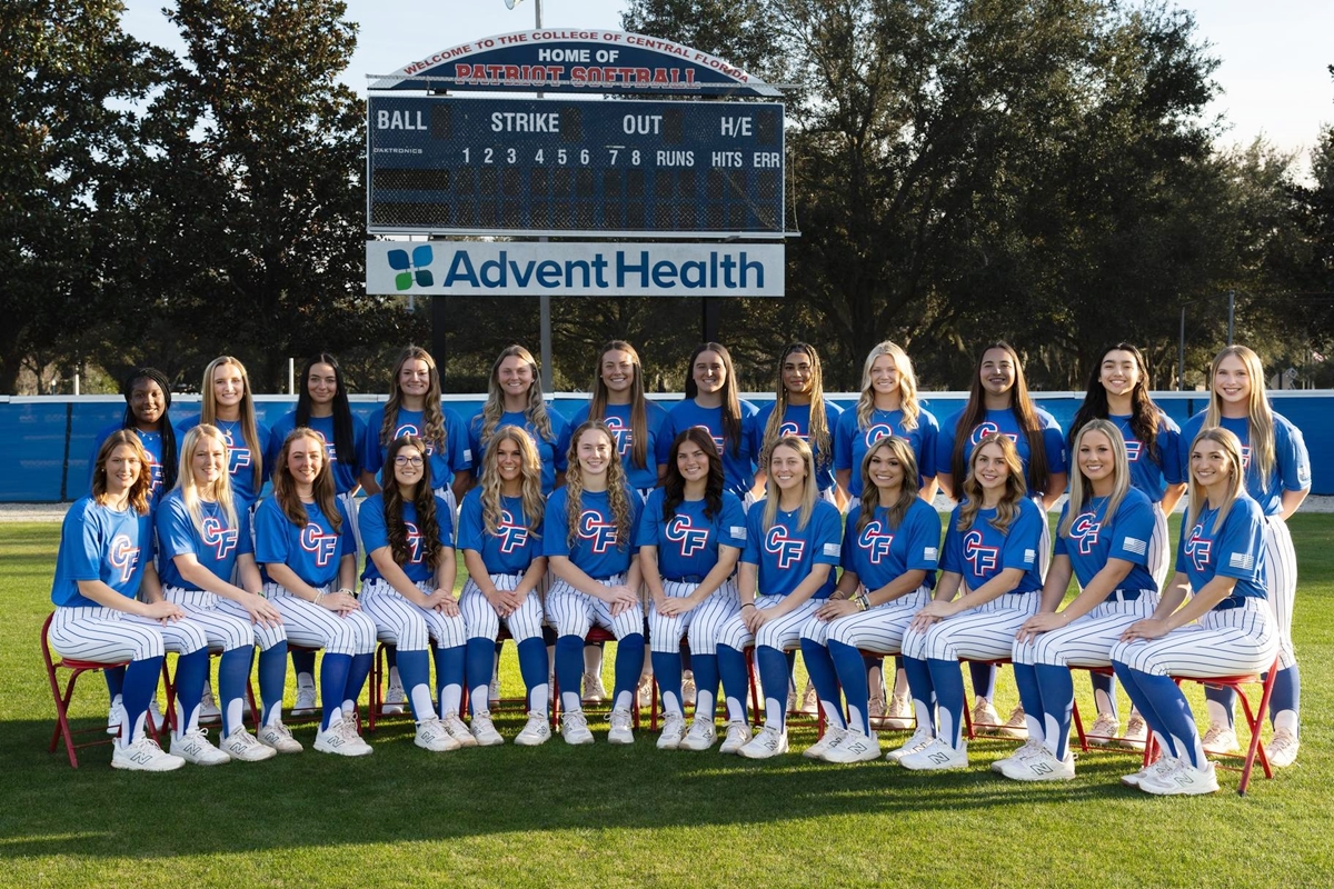 The College of Central Florida softball team poses after sweeping Hillsborough Community College in Tampa, Tuesday, March 11, 2025. The Patriots extended their winning streak to six games.