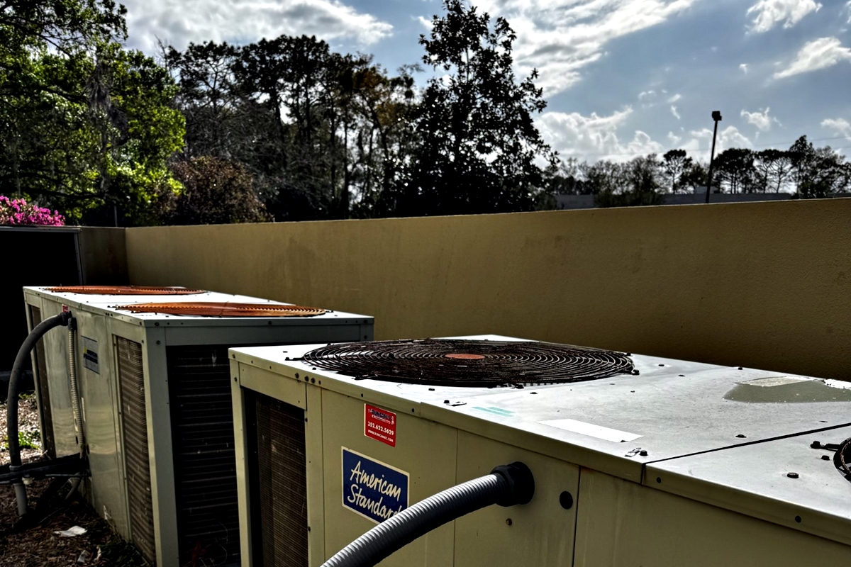 A row of aging air-conditioning units at The Civic, with 14 still needing replacement as part of ongoing facility upgrades. The theater is seeking community support to fund critical repairs.