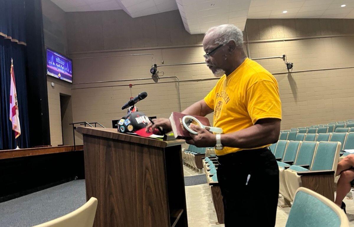 The Rev. Leroy S. Chandler speaks to the Marion County School Board on March 25, 2025, urging continued support for Fessenden Elementary School in Ocala, FL.