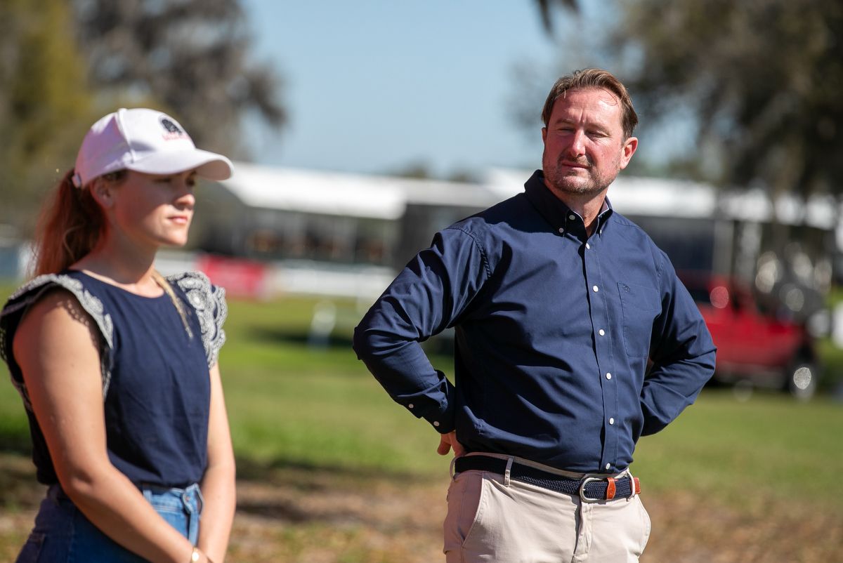 Chloe Reid, left, and Chester Weber speak to media at Live Oak International, March 11, 2025, in Ocala.