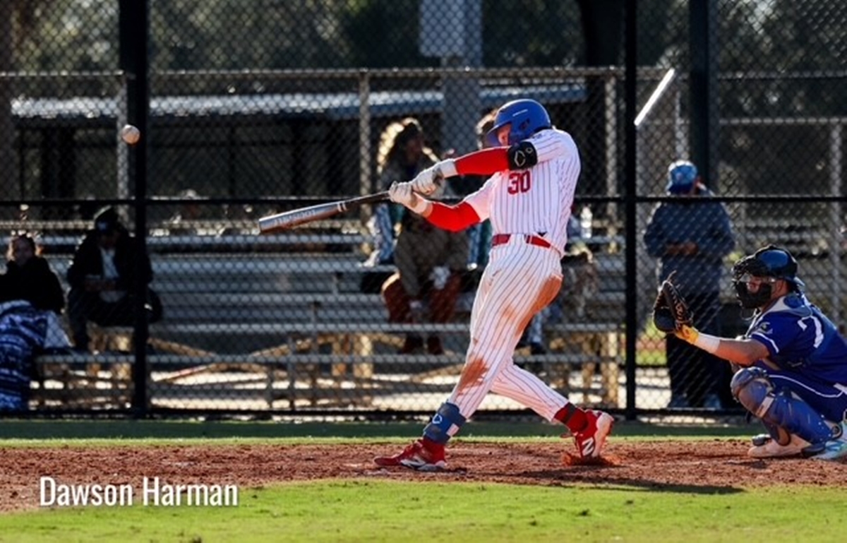 Dawson Harman connects for a double during the College of Central Florida’s 13-3 victory over St. Johns River State on Tuesday in Ocala.