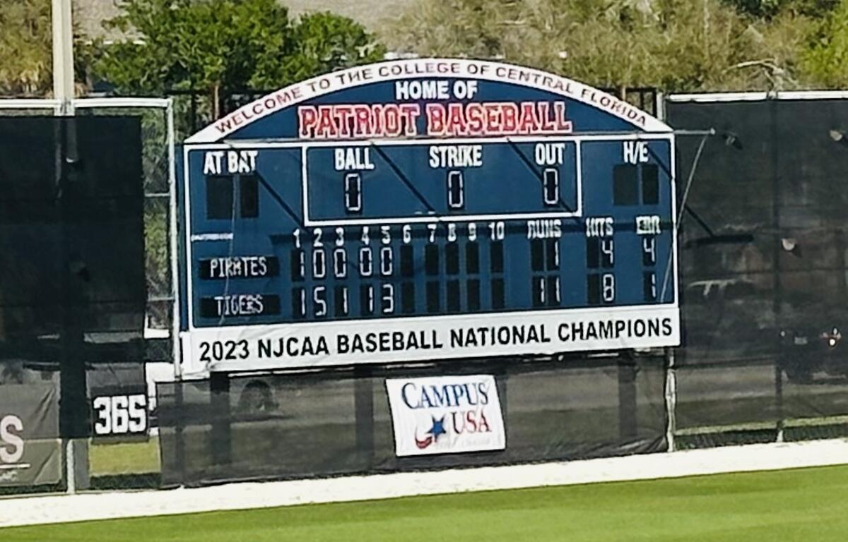 The scoreboard at the College of Central Florida displays the final score as the Dunnellon Tigers defeat the Crystal River Pirates 11-1 in five innings on Monday.