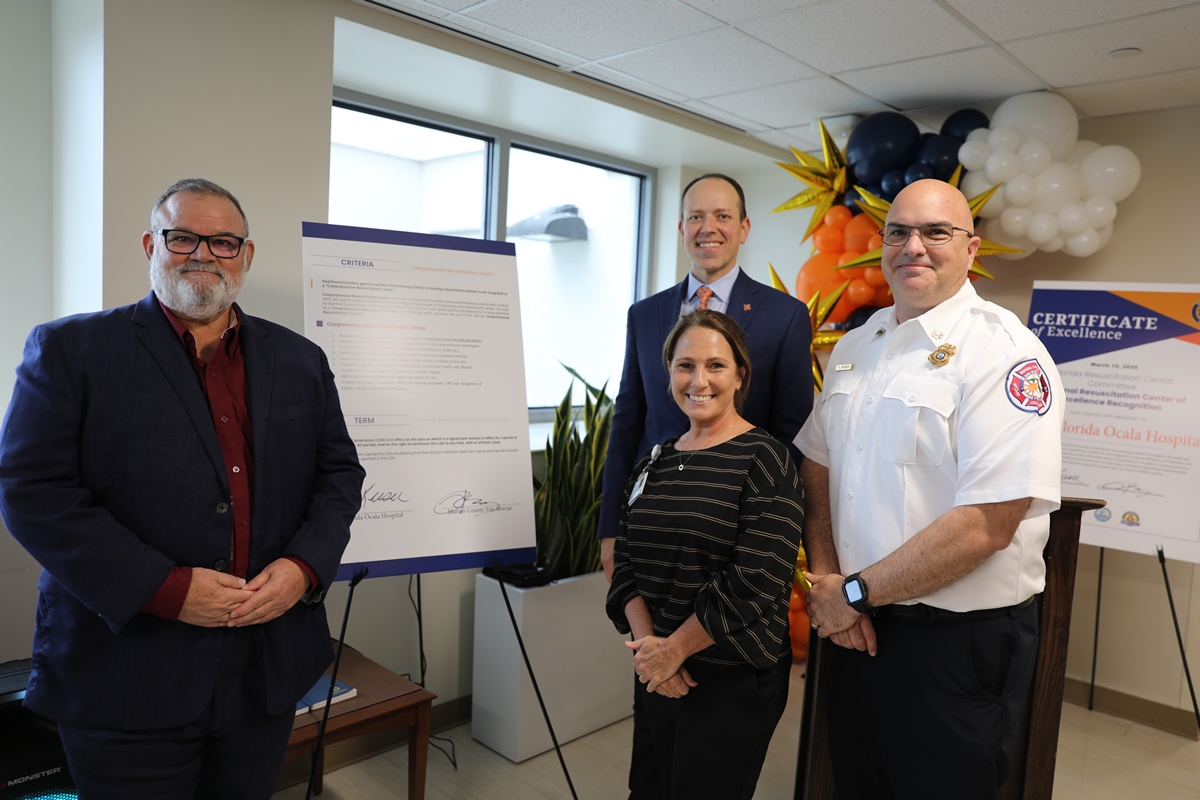 Pictured from left to right: Tom DiBernardo, coordinator of the Florida Cardiac Arrest Registry to Enhance Survival, or CARES, program under the Florida Department of Health’s Bureau of Emergency Medical Oversight; Alan Keesee, HCA Florida Ocala Hospital CEO; Anita Medlin, vice president of Emergency Services at HCA Florida Ocala Hospital; Robert Kruger, deputy chief of Emergency Medical Services for Marion County Fire Rescue.