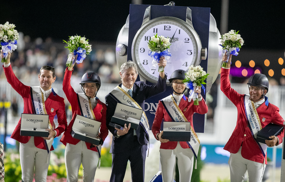 America’s team, from left, McLain Ward, Laura Kraut, Robert Ridland, Lillie Keenan, and Aaron Vale pose after winning the Longines League of Nations at the World Equestrian Center in Ocala, Fla., on Saturday, March 22, 2025. The U.S. claimed the overall League of Nations trophy.