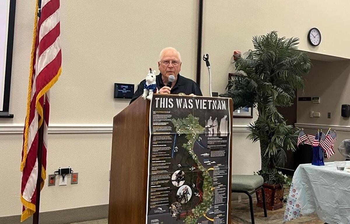 Capt. Stephen Petty speaks at the Veterans Cafe at the Elliott Center in Ocala, FL, on March 18, 2025. The decorated Vietnam War veteran shared stories of his service and honored fellow veterans.