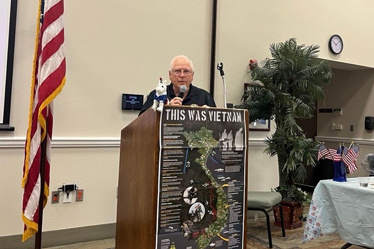Capt. Stephen Petty speaks at the Veterans Cafe at the Elliott Center in Ocala, FL, on March 18, 2025. The decorated Vietnam War veteran shared stories of his service and honored fellow veterans.
