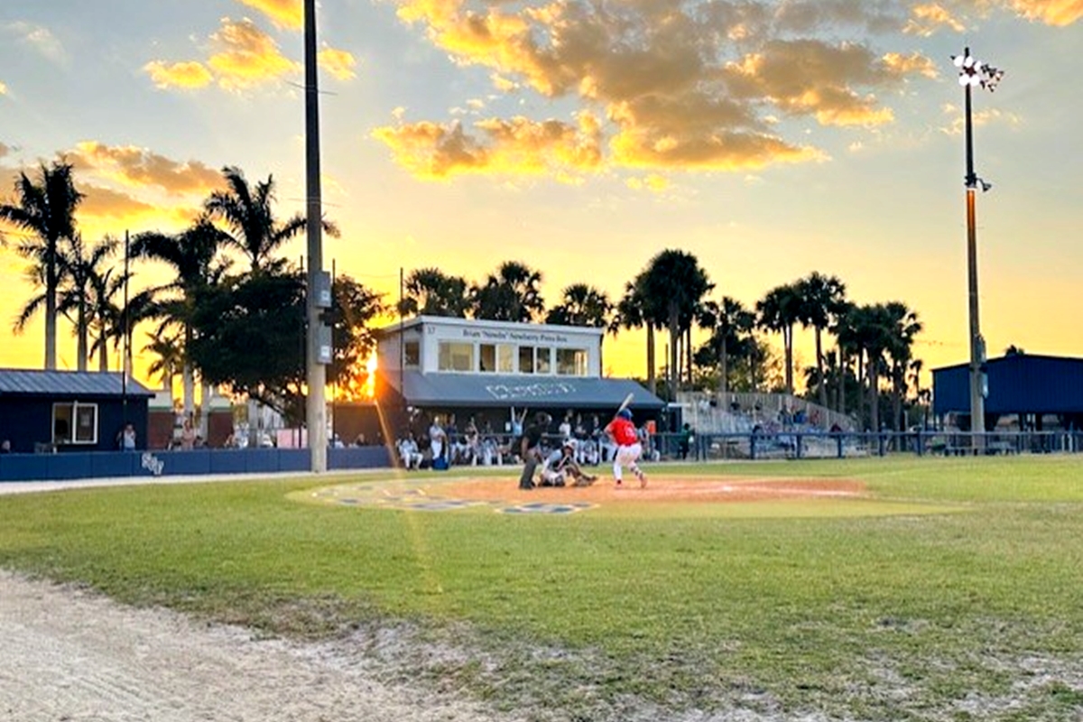 Victor Martinez takes a pitch during a sunset matchup between the College of Central Florida and State College of Florida on Thursday, March 28, 2025, in Bradenton, Fla.