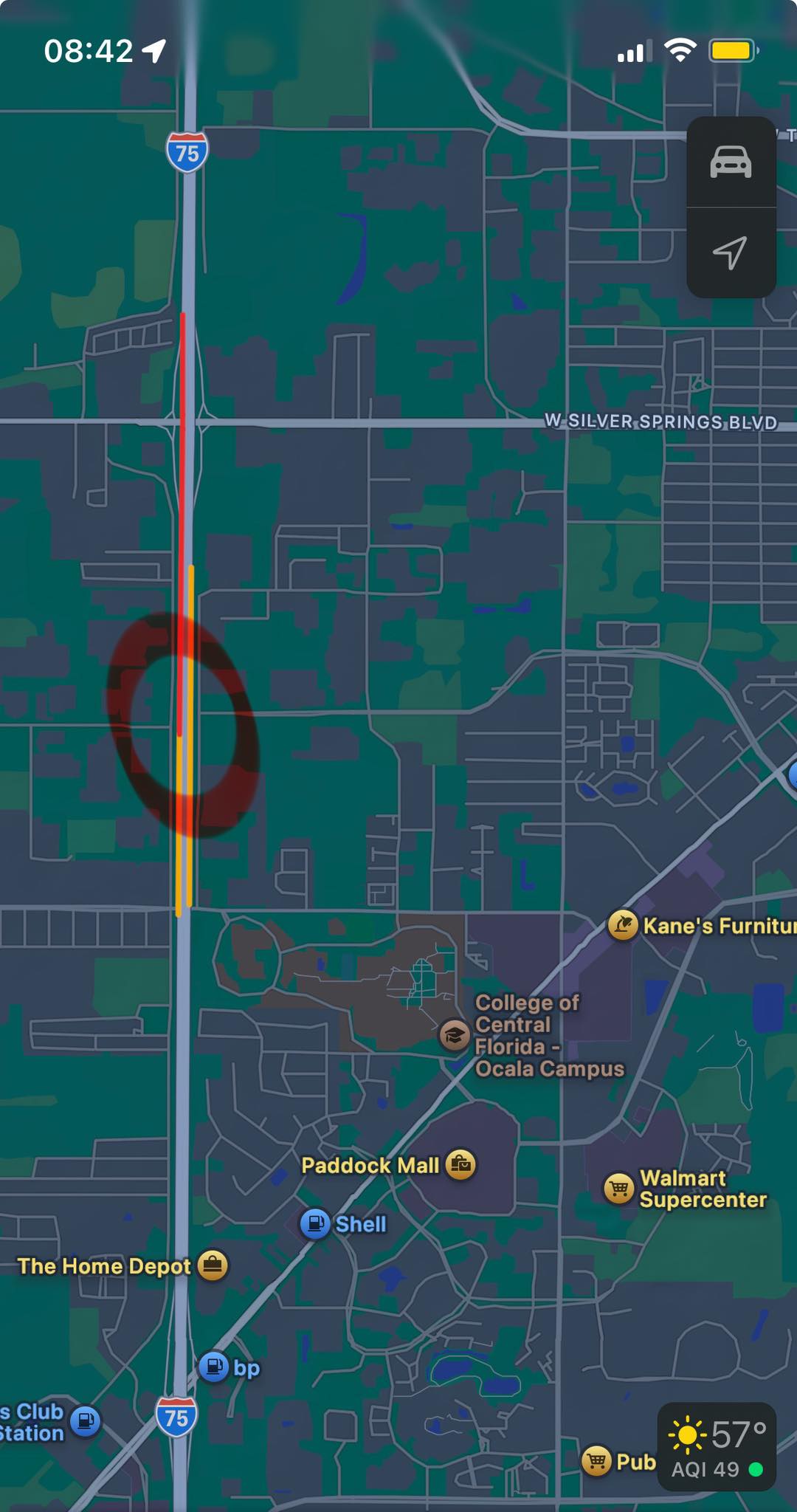 The red circle shows the location of the crash. Traffic updates from Google Maps show how far the backups are affecting traffic.