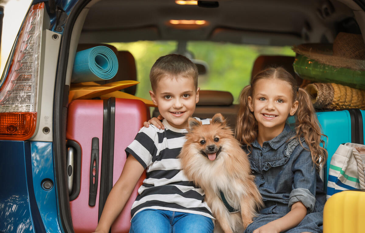 Two children sit in the back of a packed vehicle with their dog ahead of a family road trip, emphasizing the importance of safe travel with kids and pets.