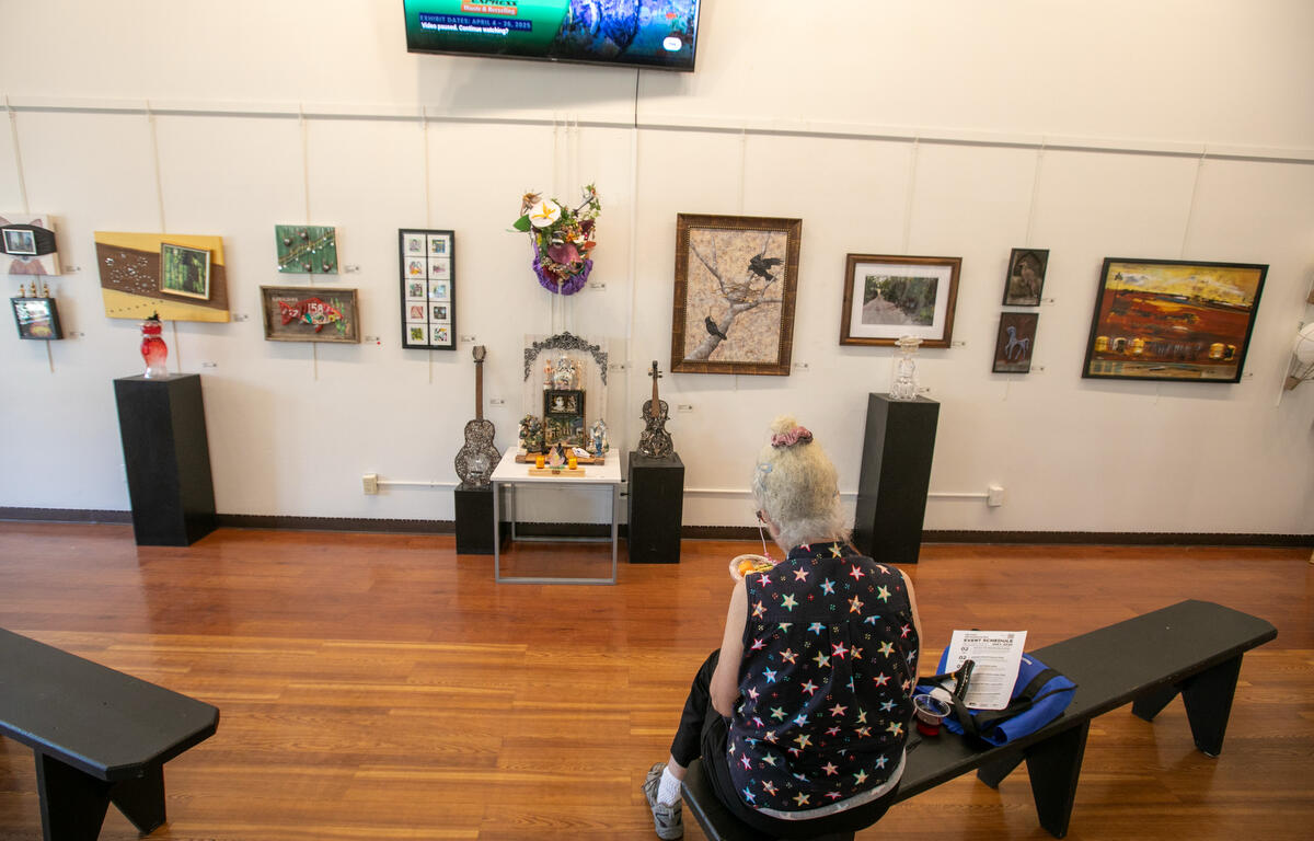 Terry Avick checks out the new exhibit at Brick City Center for the Arts Upcycled Art from Waste to Wonder downtown during First Friday Art Walk in Ocala, FL on Friday, April 4, 2025.