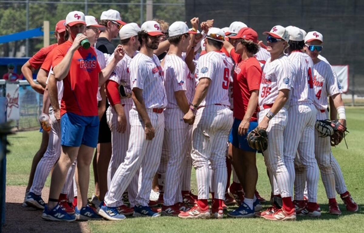 Members of the College of Central Florida baseball team huddle before a game during the final weekend of conference play, Saturday, April 26, 2025, in Ocala, FL.
