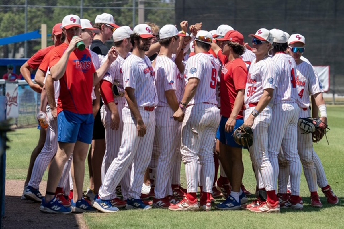 Members of the College of Central Florida baseball team huddle before a game during the final weekend of conference play, Saturday, April 26, 2025, in Ocala, FL.