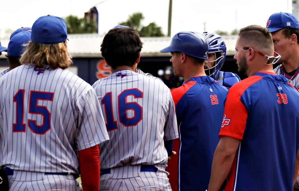 College of Central Florida players huddle during a break in play against Lake Sumter State College on April 1, 2025, in Ocala, Fla. CF fell 6-5 in a walk-off loss.