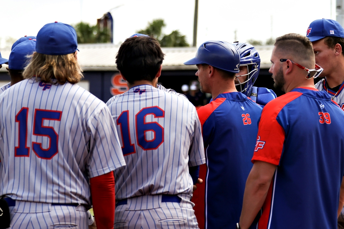 College of Central Florida players huddle during a break in play against Lake Sumter State College on April 1, 2025, in Ocala, Fla. CF fell 6-5 in a walk-off loss.