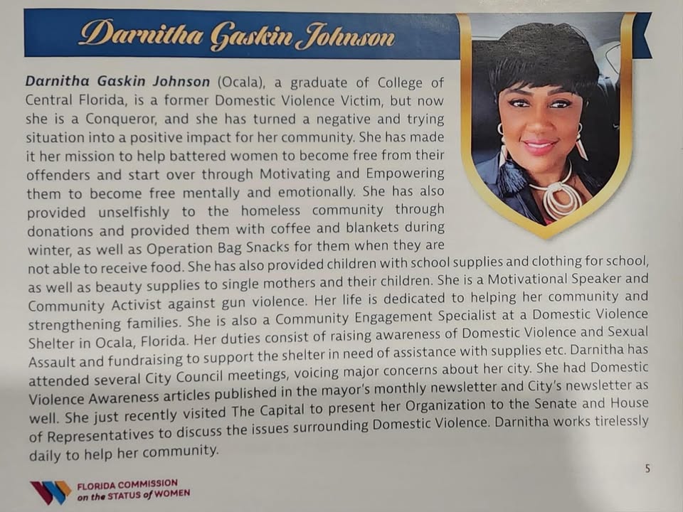Florida Commission on the Status of Women awarded Johnson with the Spirit of Community Award.