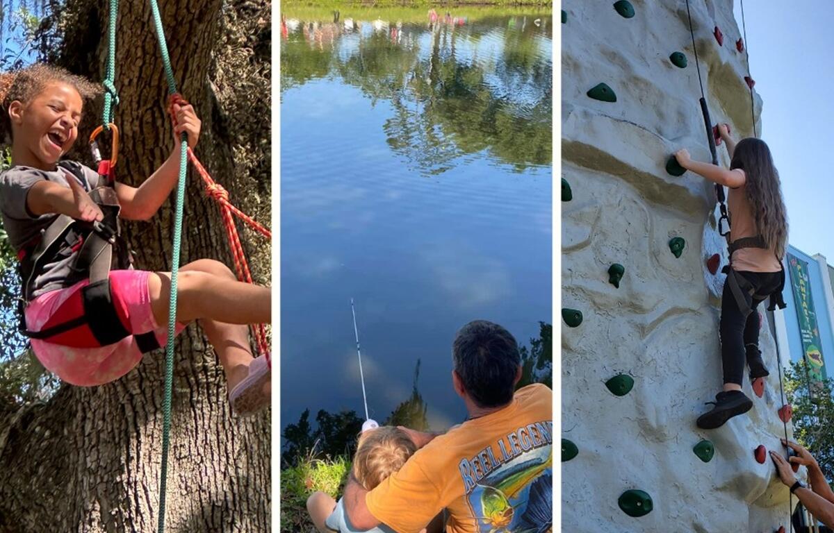 Families enjoy tree climbing, fishing, and rock climbing during Ocala's annual Earthfest celebration at Tuscawilla Park.