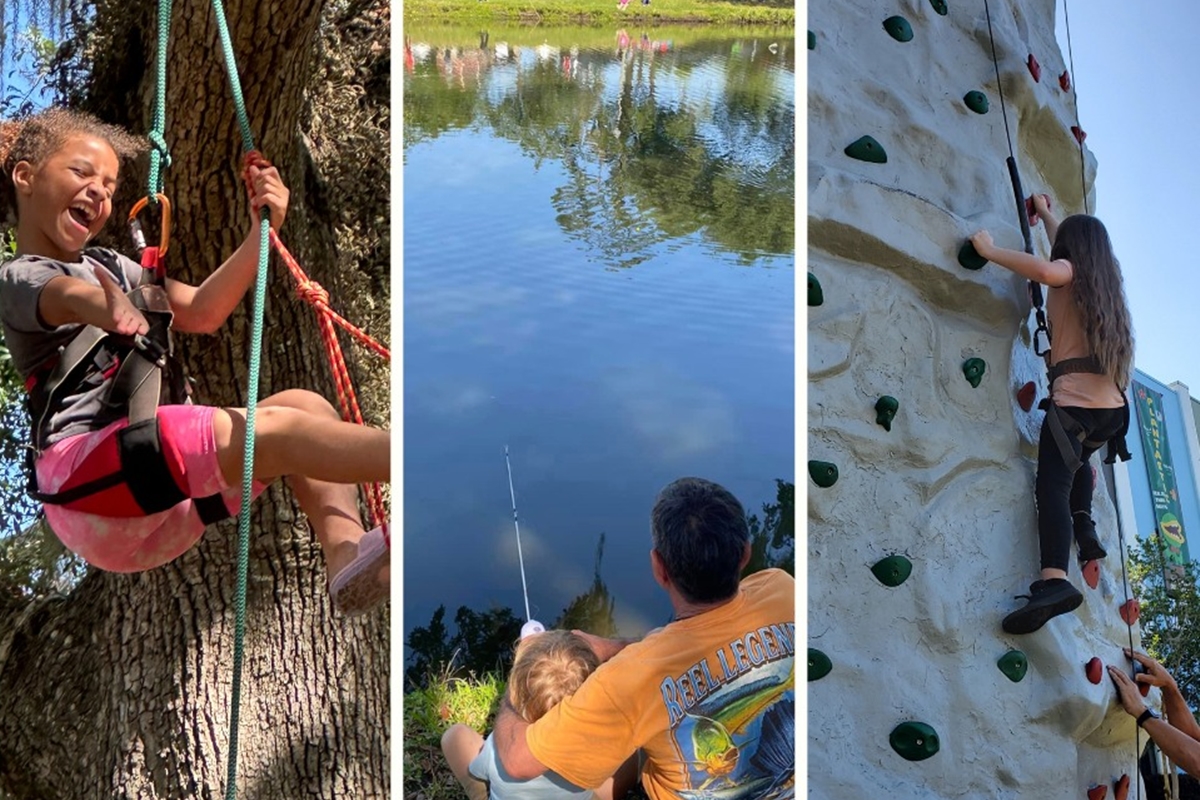 Families enjoy tree climbing, fishing, and rock climbing during Ocala's annual Earthfest celebration at Tuscawilla Park.