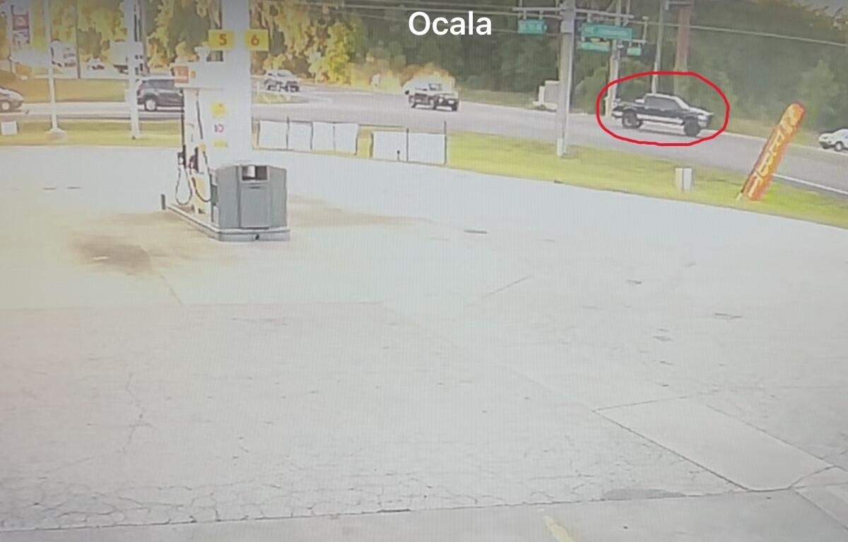 Surveillance footage shows a pickup truck suspected in a hit-and-run crash on April 18 at SR 326 and NE Jacksonville Road in Marion County. Florida Highway Patrol is asking for the public’s help identifying the driver.