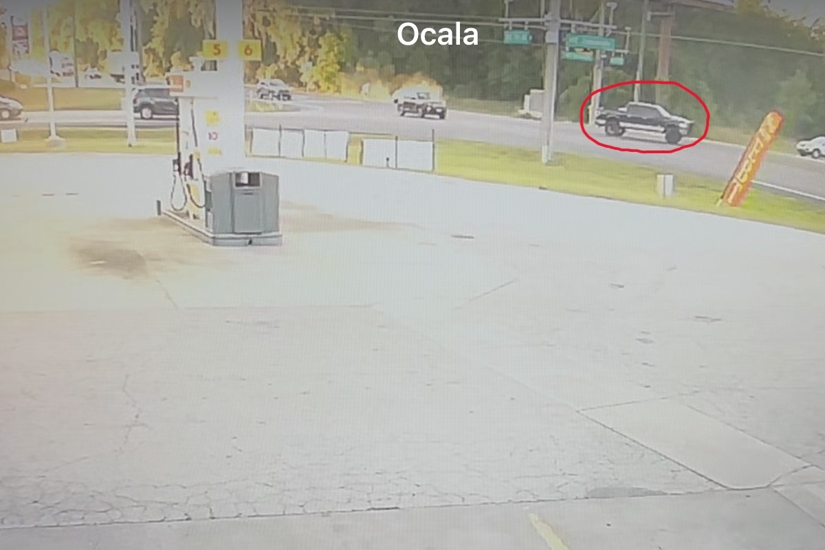 Surveillance footage shows a pickup truck suspected in a hit-and-run crash on April 18 at SR 326 and NE Jacksonville Road in Marion County. Florida Highway Patrol is asking for the public’s help identifying the driver.