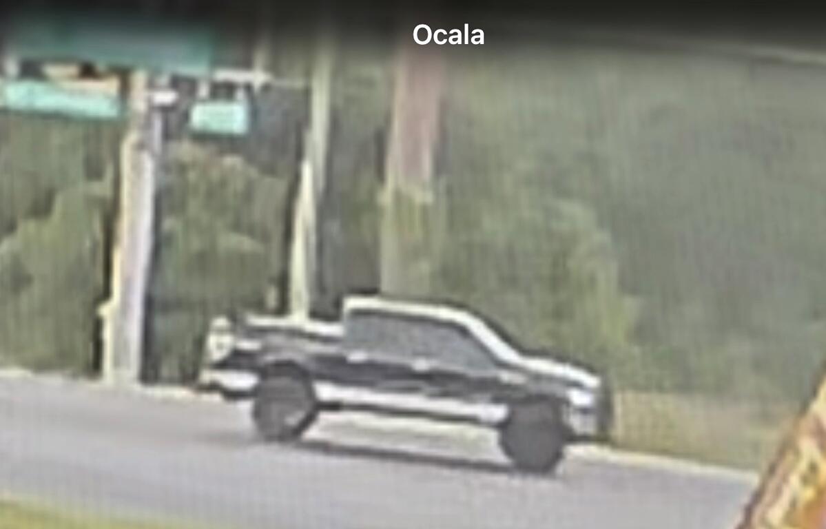 Florida Highway Patrol is searching for the driver of this pickup truck, captured on surveillance footage, in connection with a hit-and-run crash on April 18 at SR 326 and NE Jacksonville Road in Marion County.