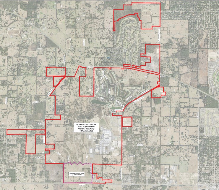 The proposed complex (purple lines) is located within an existing Golden Ocala Golf and Equestrian Project Area (red lines).