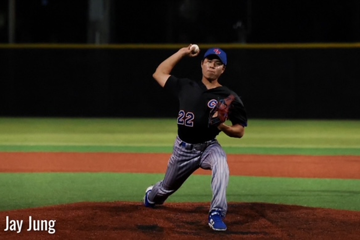 College of Central Florida pitcher Jay Jung delivers during a game against Indian River State College. Jung threw eight shutout innings in the Patriots' 9-5 win to clinch a regional playoff berth.