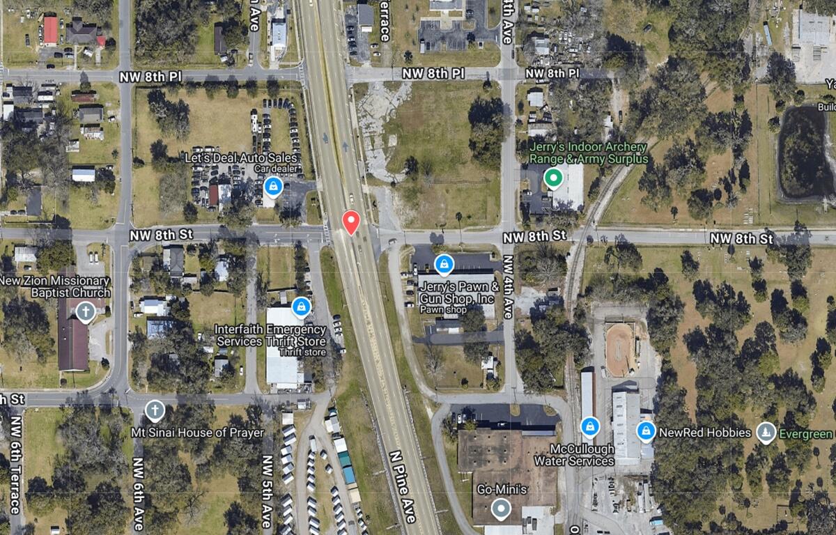 Aerial view of the intersection at NW 8th Street and U.S. 27/301/441 in Ocala, where FDOT plans to convert the full median opening into a two-way directional median to improve traffic safety and flow.