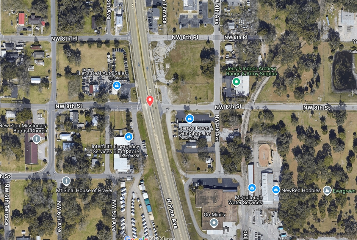 Aerial view of the intersection at NW 8th Street and U.S. 27/301/441 in Ocala, where FDOT plans to convert the full median opening into a two-way directional median to improve traffic safety and flow.