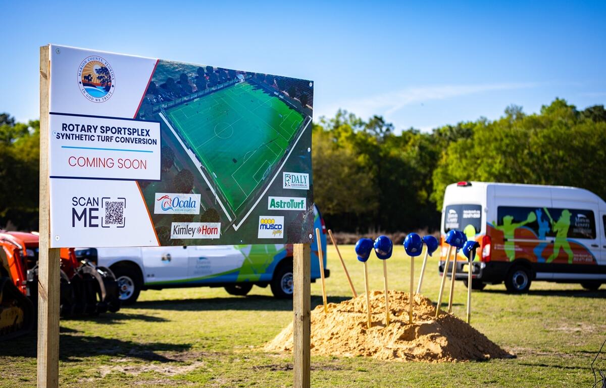 Marion County Parks and Recreation hosts a groundbreaking ceremony at the Rotary Sportsplex in Ocala, FL, marking the start of a synthetic turf conversion project to upgrade the facility.