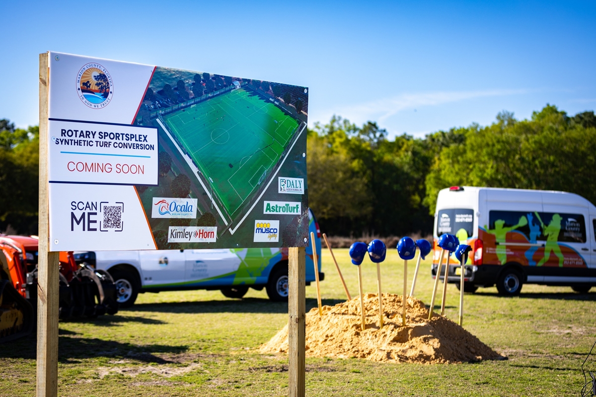 Marion County Parks and Recreation hosts a groundbreaking ceremony at the Rotary Sportsplex in Ocala, FL, marking the start of a synthetic turf conversion project to upgrade the facility.