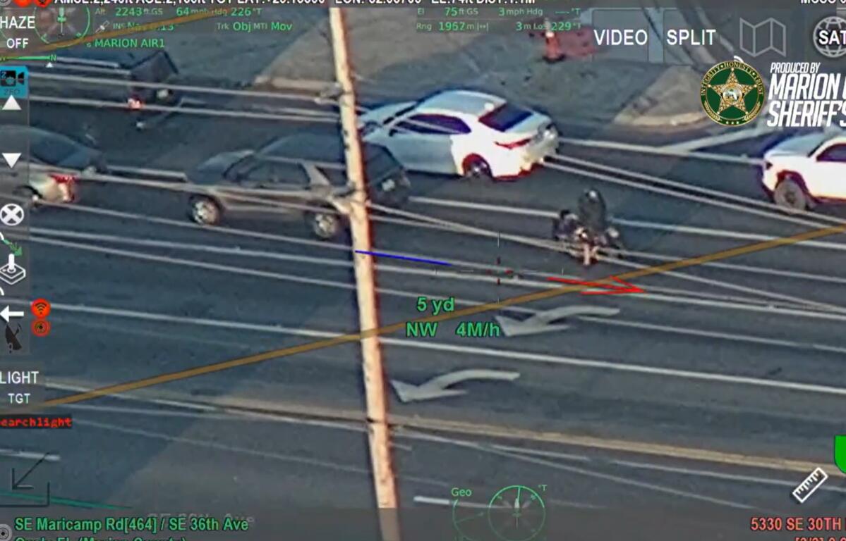 A Marion County Sheriff's Office helicopter tracks a motorcyclist the morning after he allegedly fled a traffic stop in Ocala, FL, on April 24, 2025.