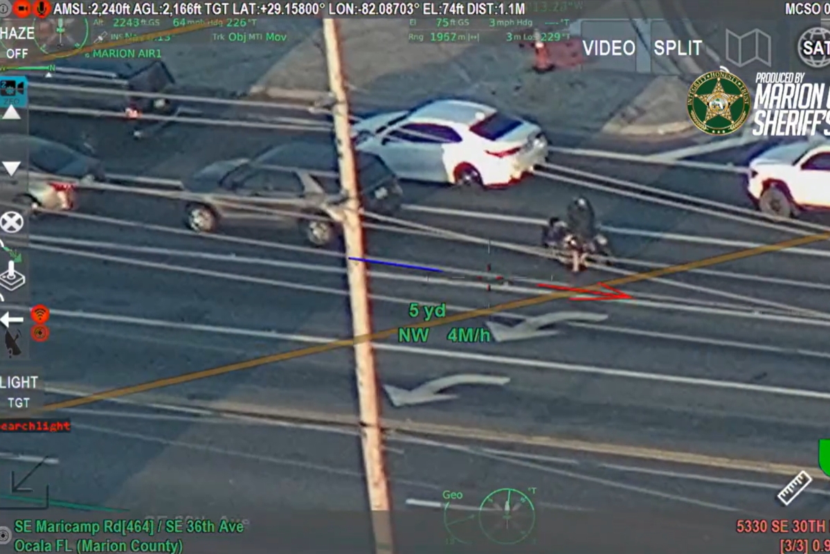 A Marion County Sheriff's Office helicopter tracks a motorcyclist the morning after he allegedly fled a traffic stop in Ocala, FL, on April 24, 2025.