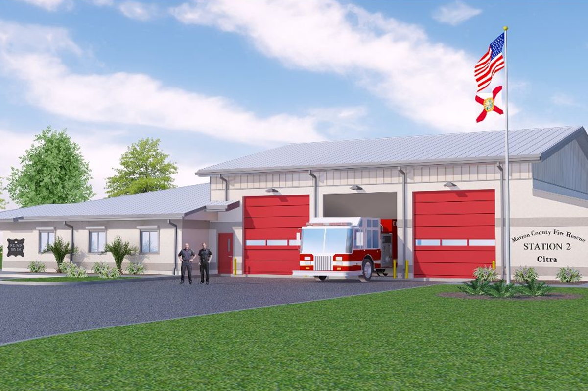 An artist’s rendering shows the new Citra Fire Rescue Station in Citra, Florida, which opens April 7 to improve emergency services and accommodate the area’s growth.
