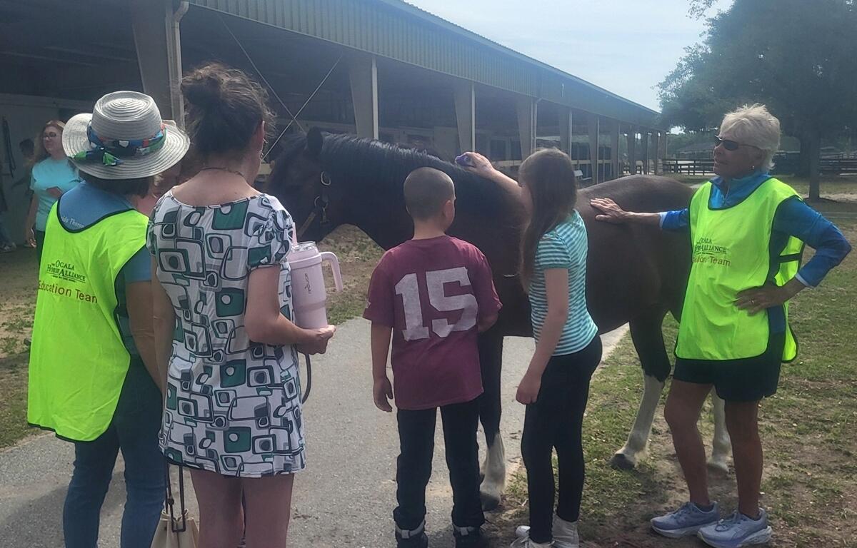 Abby Fuller shares her granddaughter's pony with the attendees. Kathy Hatfield ensures safety around the horses.