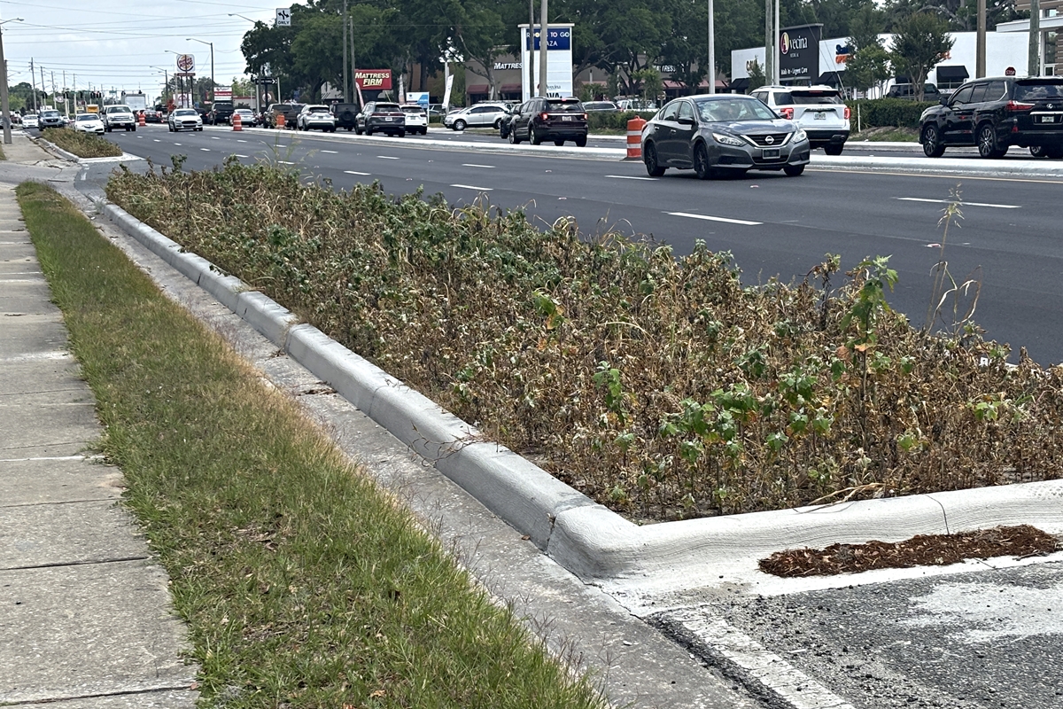 A newly installed raised median lines a section of SR 200 in Ocala, part of a Florida Department of Transportation project aimed at improving traffic safety and reducing accidents along the busy corridor.