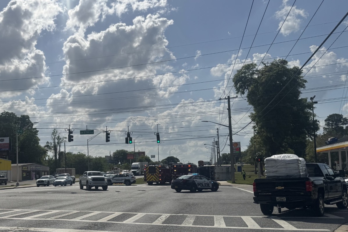 Emergency crews respond to an overturned tractor trailer on westbound State Road 40 near 27th Avenue in Ocala on Tuesday afternoon. No injuries were reported.