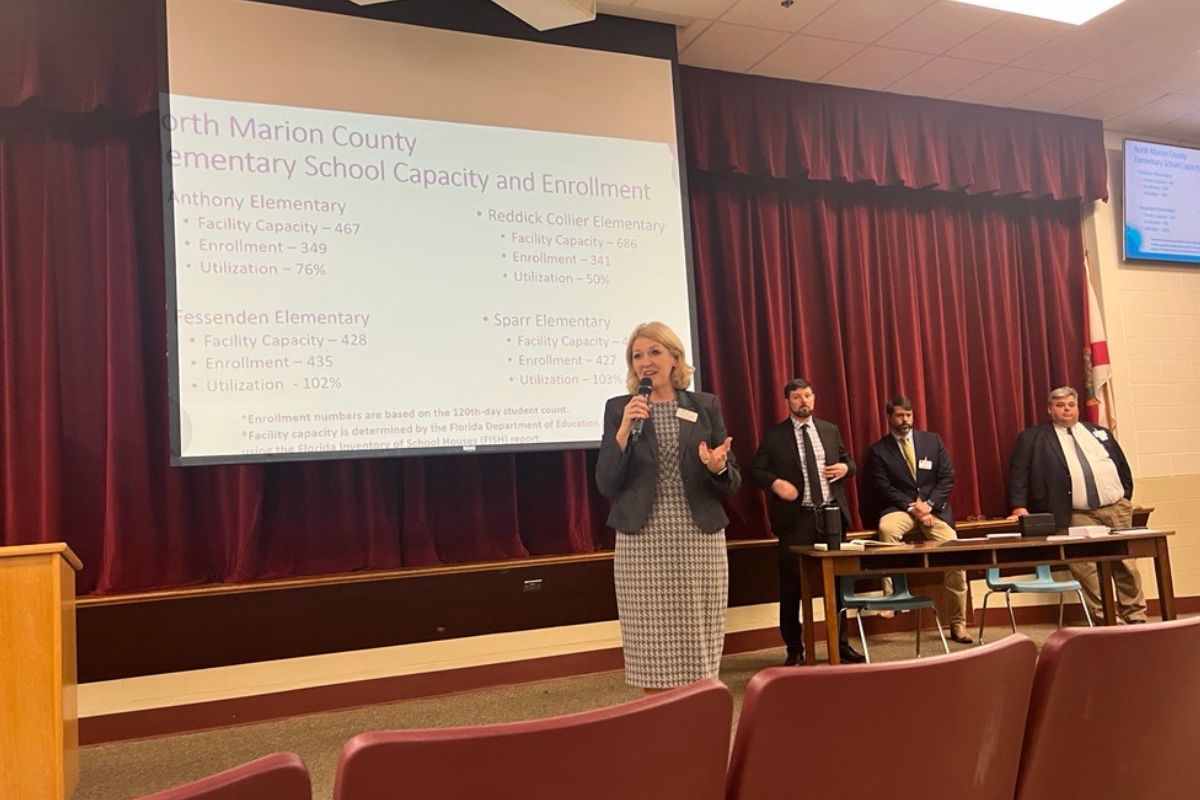 Marion County Public Schools Superintendent Dr. Diane Gullett addresses community members during an outreach meeting at North Marion Middle School Auditorium, March 26, 2025.