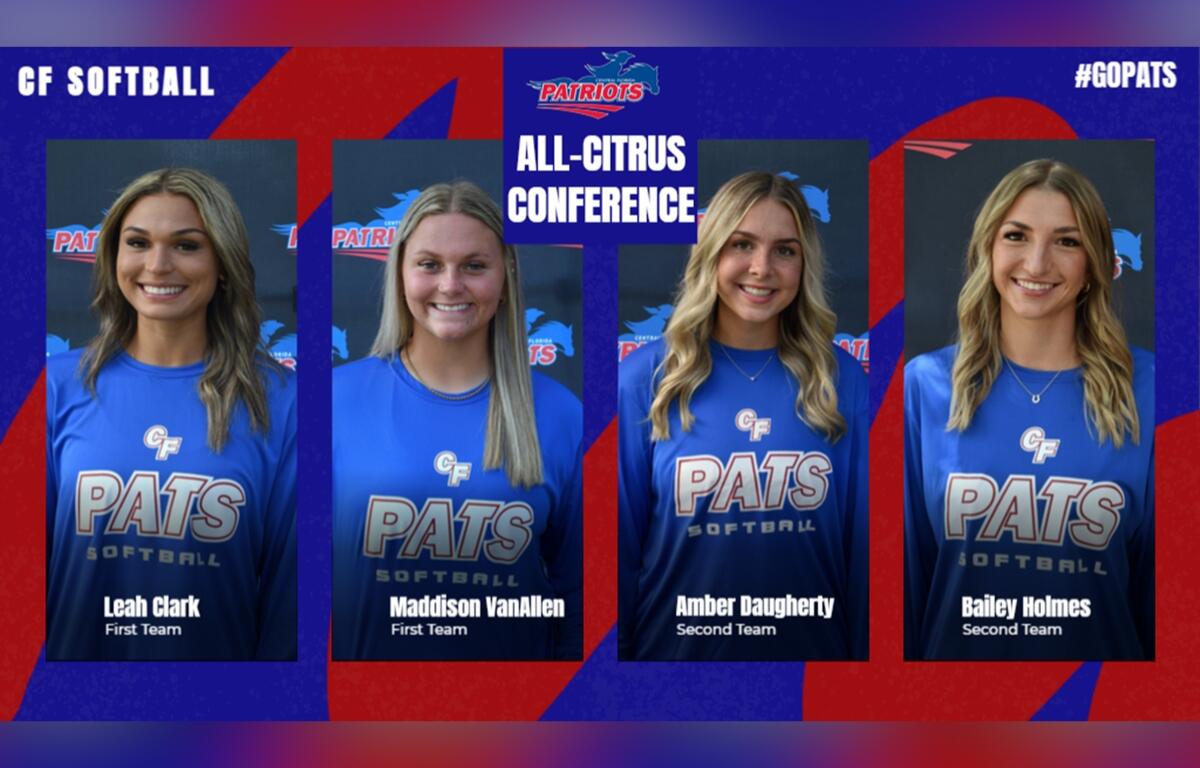 Four College of Central Florida softball players stand smiling in their team shirts against a backdrop with the Patriots logo. From left to right: Leah Clark, Maddison VanAllen, Amber Daugherty, and Bailey Holmes. Clark and VanAllen were named to the All-Citrus Conference First Team; Daugherty and Holmes made the Second Team.