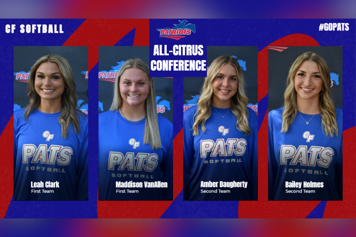 Four College of Central Florida softball players stand smiling in their team shirts against a backdrop with the Patriots logo. From left to right: Leah Clark, Maddison VanAllen, Amber Daugherty, and Bailey Holmes. Clark and VanAllen were named to the All-Citrus Conference First Team; Daugherty and Holmes made the Second Team.