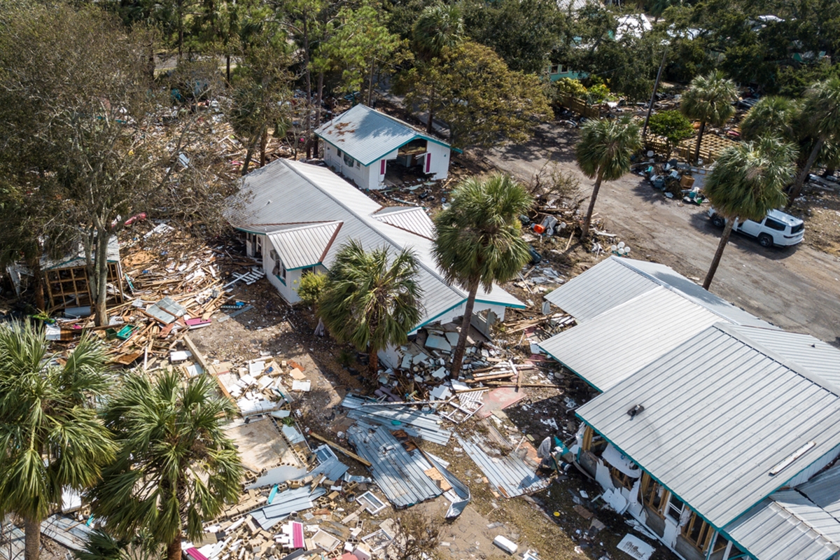 Aerial view of storm-ravaged homes and debris scattered across Cedar Key, Florida, after Hurricane Helene.