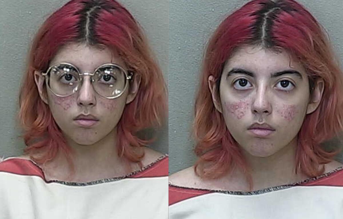 Side-by-side mugshots of Dianely Torres, a young woman with red hair and facial acne, wearing a striped jail uniform; one image shows her wearing glasses, the other without.