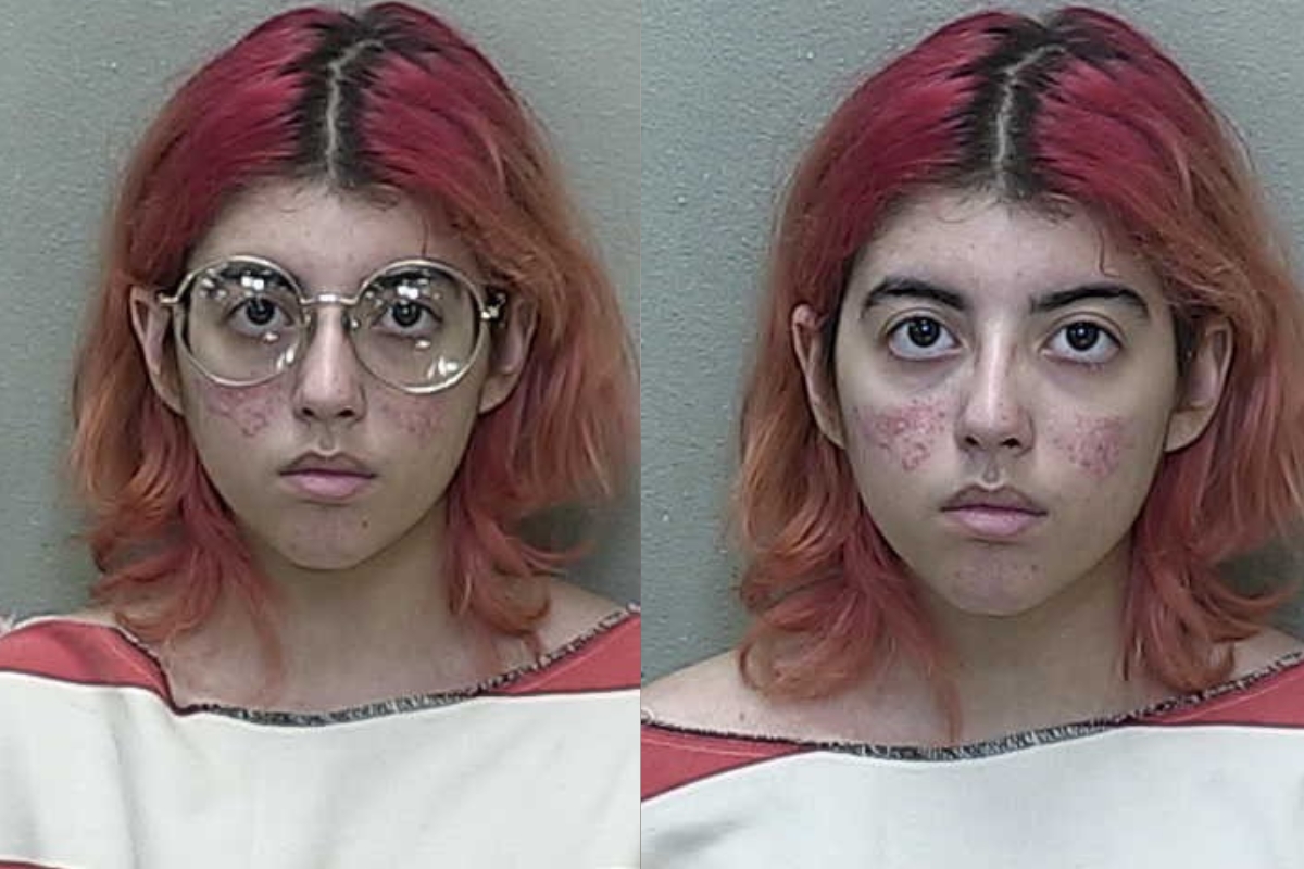 Side-by-side mugshots of Dianely Torres, a young woman with red hair and facial acne, wearing a striped jail uniform; one image shows her wearing glasses, the other without.